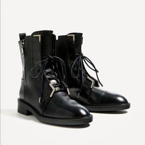 NWT Zara Black Zip Lace-up Moto Boots